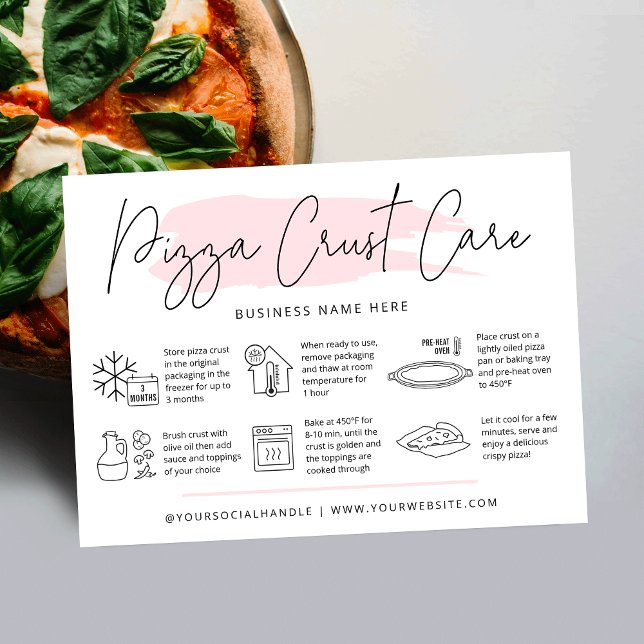 Pizza Crust Care Instructions Card Pink Watercolor (Modern pizza crust care cards with icons, modern script font and pink watercolor and your logo)