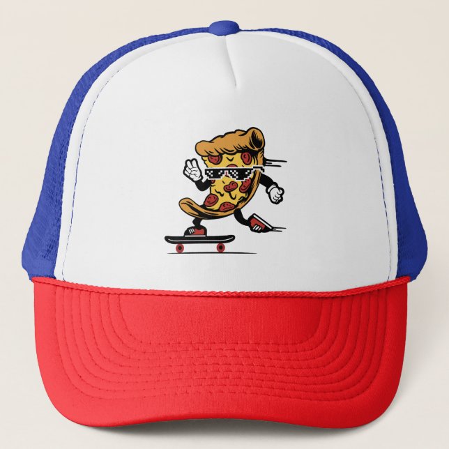Pizza Delivery, Funny Pizza Skateboarding Trucker Hat (Front)