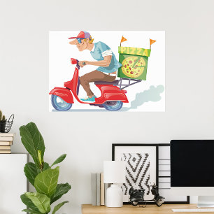 Pizza Delivery Guy on Red Scooter Poster