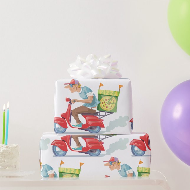 Pizza Delivery Guy on Red Scooter Wrapping Paper (Creator Uploaded)