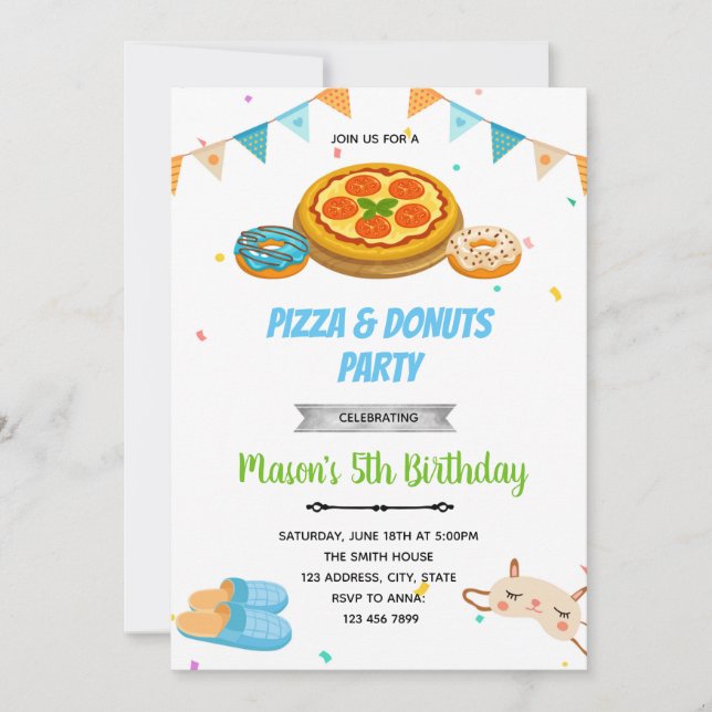 Pizza donuts boy sleepover invitation (Front)