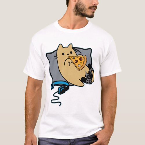 Pizza Eating Gamer Cat Headset and Pad  T_Shirt
