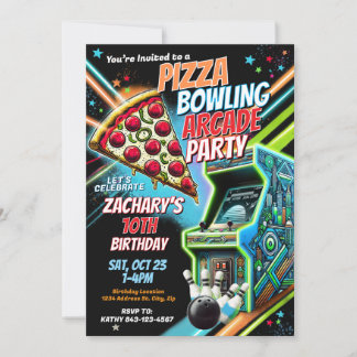 Pizza Gaming Bowling Party Invite for Kids