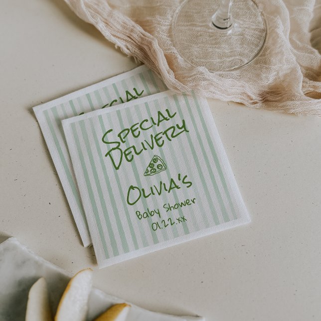 Pizza Hand Drawn Green Special Delivery Shower Napkins (Creator Uploaded)