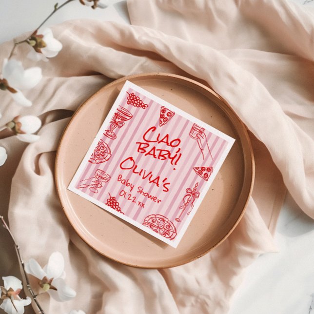 Pizza Hand Drawn Red Purple Ciao Baby Shower Napki Napkins (Creator Uploaded)