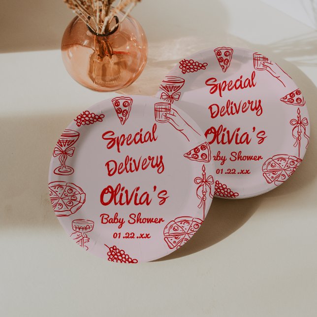 Pizza Hand Drawn Red Special Delivery Baby Shower Paper Plates (Creator Uploaded)
