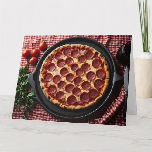 Pizza in pan onto of table card