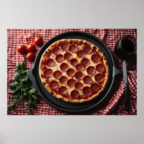 Pizza in pan onto of table poster