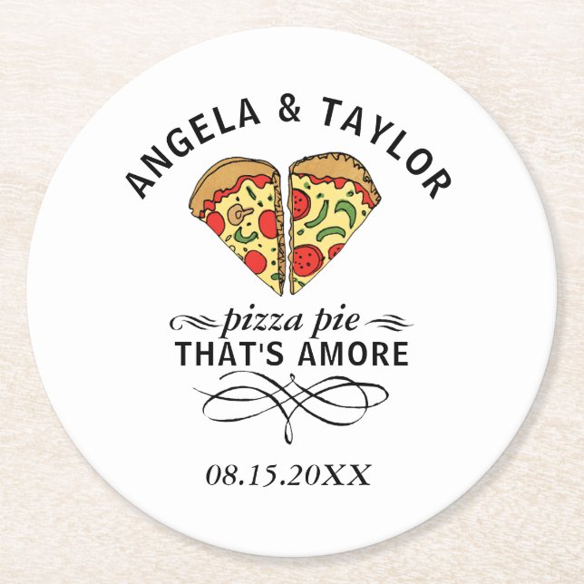 Pizza Love Trendy Wedding Monogram Date Round Paper Coaster (Front)