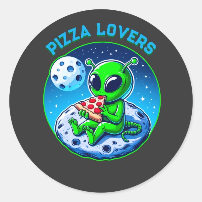 Pizza-Loving Alien on the Moon | Fun Cosmic Classic Round Sticker (Front)