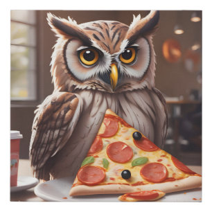 Pizza-Loving Owl in Cafe Faux Canvas Print