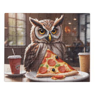 Pizza-Loving Owl in Cafe Jigsaw Puzzle