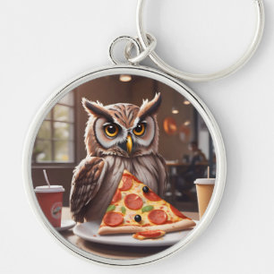 Pizza-Loving Owl in Cafe Keychain