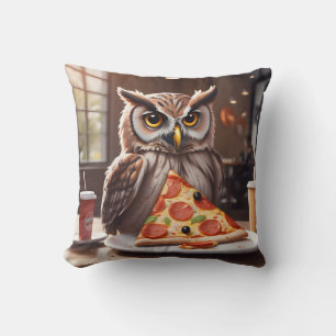 Pizza-Loving Owl in Cafe Throw Pillow