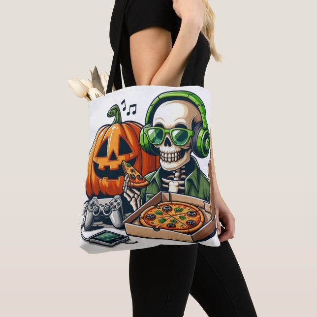 Pizza-Loving Skeleton: Gaming, Cheese Overload, Tote Bag (Close Up)