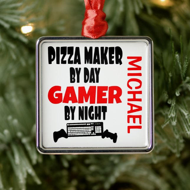 Pizza Maker Loves Playing Video Games Metal Ornament (Tree)