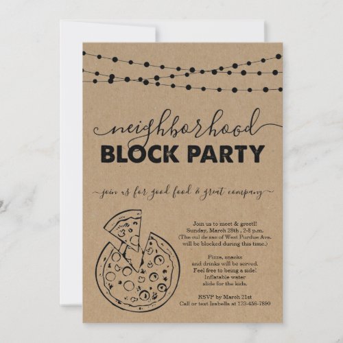 Pizza Neighborhood Block Party Invitation - Pizza Neighborhood Block Party Invitation - Hand drawn string lights and pizza on a wonderfully rustic kraft background for your celebration. 

Coordinating RSVP, Details, Registry, Thank You cards and other items are available in the 'Wonderfully Simple' Collection within my store.