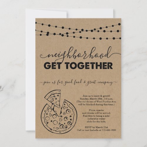 Pizza Neighborhood Get Together Invitation - Pizza Neighborhood Get Together Invitation - Hand drawn string lights and pizza on a wonderfully rustic kraft background for your celebration. 

Coordinating RSVP, Details, Registry, Thank You cards and other items are available in the 'Wonderfully Simple' Collection within my store.