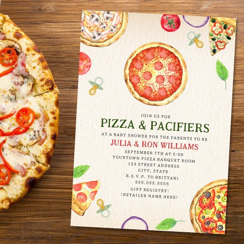 Pizza  Pacifiers Baby Shower Invitation