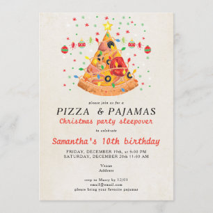 Pizza & Pajamas Christmas Sleepover Birthday Party Invitation