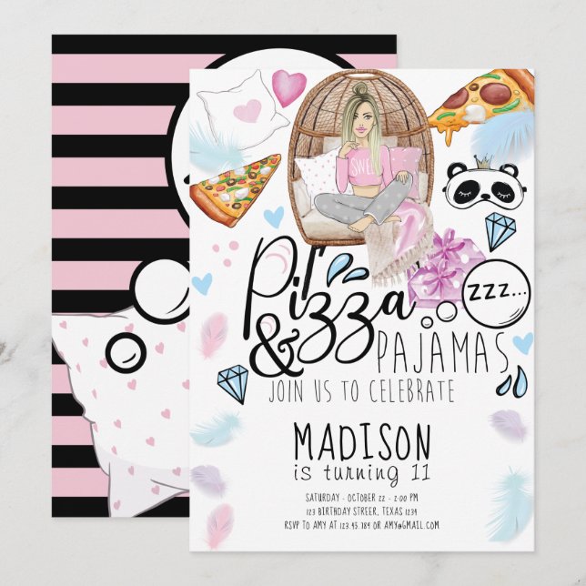 Pizza & Pajamas Sleepover Birthday  Invitation (Front/Back)