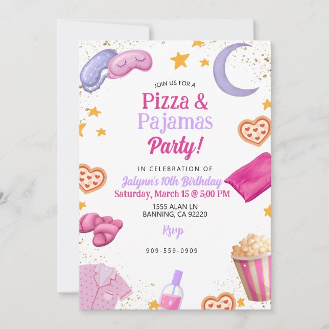 Pizza & Pajamas Teen Girl Tween Girl Slumber Party Invitation (Front)