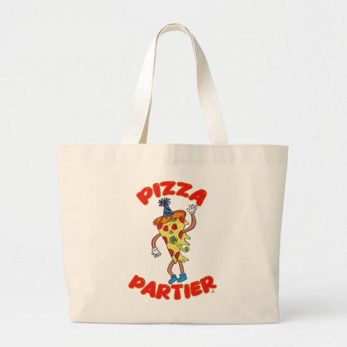 Pizza Partier Funny Cartoon Slice Logo Fun Large Tote Bag
