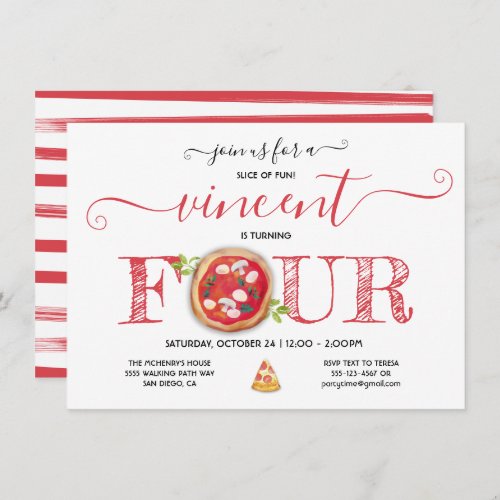 Pizza Party 4TH Birthday Modern Invitation