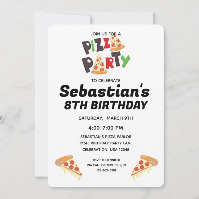 Pizza Party Birthday Invitation for Girl or Boy (Front)