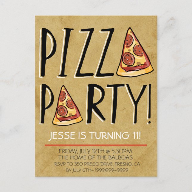 PIZZA PARTY BIRTHDAY INVITATION FOR KIDS POSTCARD (Front)