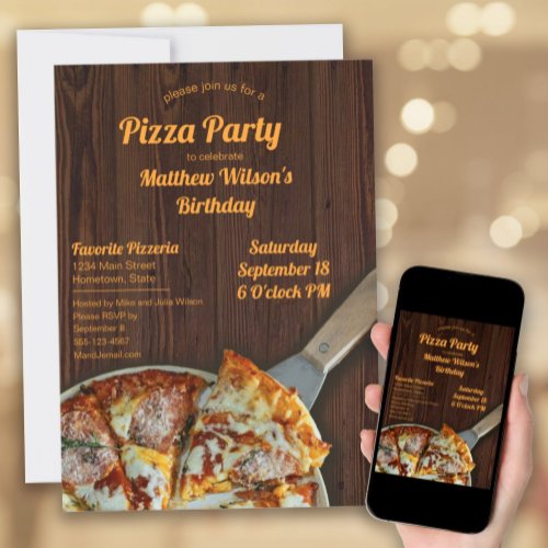 Pizza Party Birthday Rustic Wood Invitation