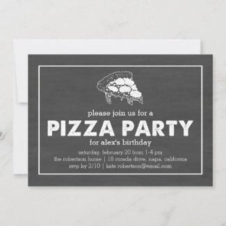 Pizza Party Black & White Chalkboard Birthday Invitation