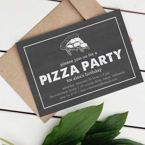 Pizza Party Black  White Chalkboard Birthday Invitation