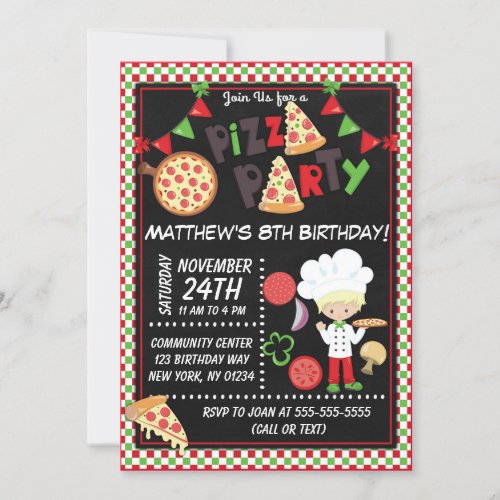 Pizza Party Blond Boy Kids Birthday Party Invitation