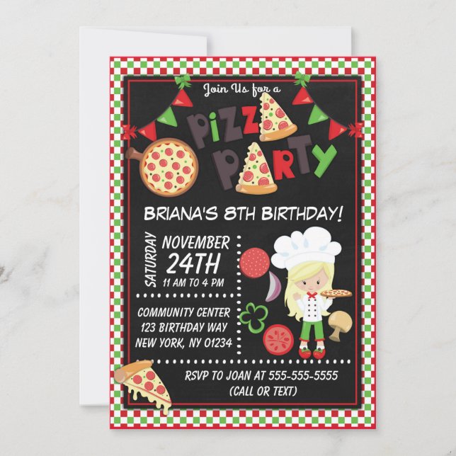 Pizza Party Blond Girl Kids Birthday Party Invitation (Front)