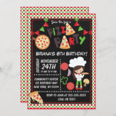 Pizza Party Brown Hair Girl Kids Birthday Party Invitation (Front/Back)