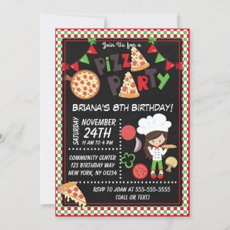 Pizza Party Brown Hair Girl Kids Birthday Party Invitation