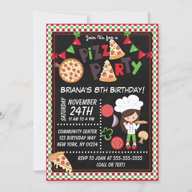 Pizza Party Brown Hair Girl Kids Birthday Party Invitation (Front)
