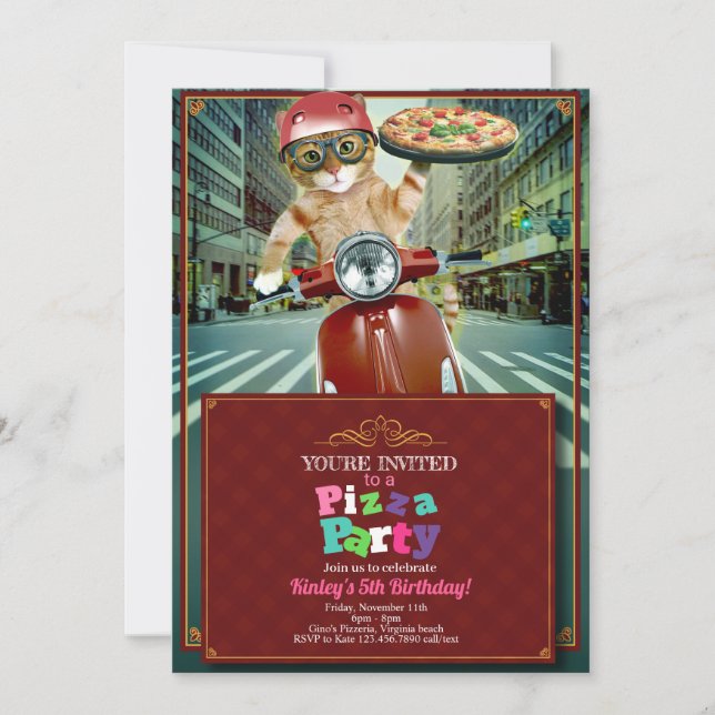 Pizza Party! Cat Delivery Invitation (Front)