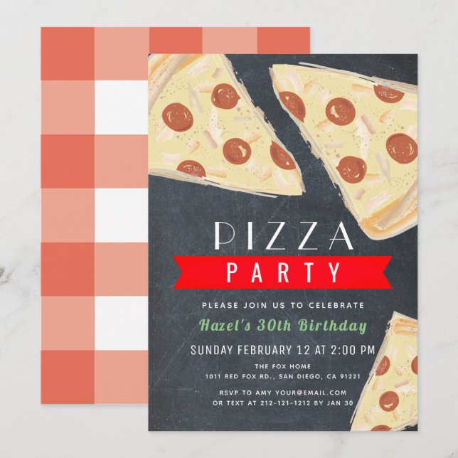 Pizza Party Chalkboard Red Gingham Adult Birthday Invitation (Front/Back)