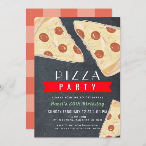 Pizza Party Chalkboard Red Gingham Adult Birthday Invitation