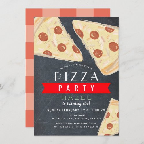 Pizza Party Chalkboard Red Gingham Birthday Invitation