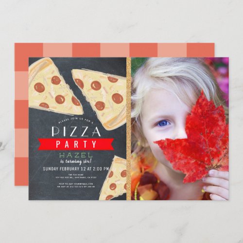 Pizza Party Chalkboard Red Gingham Photo Birthday Invitation