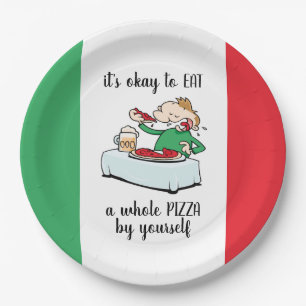 Pizza Party In Italian Colors, Text And Cartoon Paper Plates