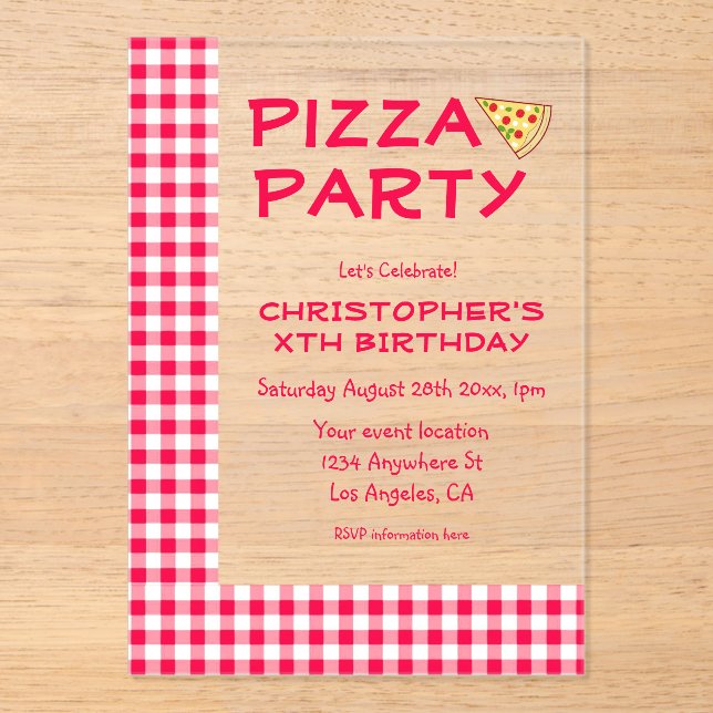 Pizza Party Kids Birthday Acrylic Invitations (Front)