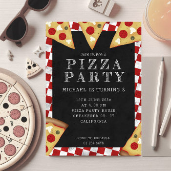 Pizza Party Kids Birthday Checkered Retro Pattern Invitation by PLdesign at Zazzle