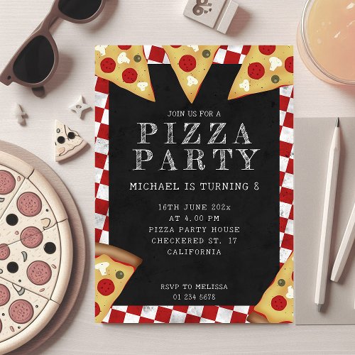Pizza party kids birthday checkered retro pattern invitation