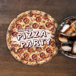 Pizza Party Kids Birthday Round Paper Coaster