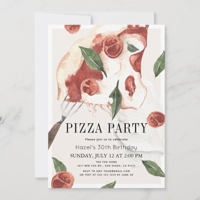Pizza Party Margherita Watercolor Birthday Invitation (Front)