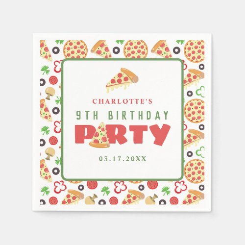 Pizza Party Modern Custom Age Kids Birthday Cute Napkins